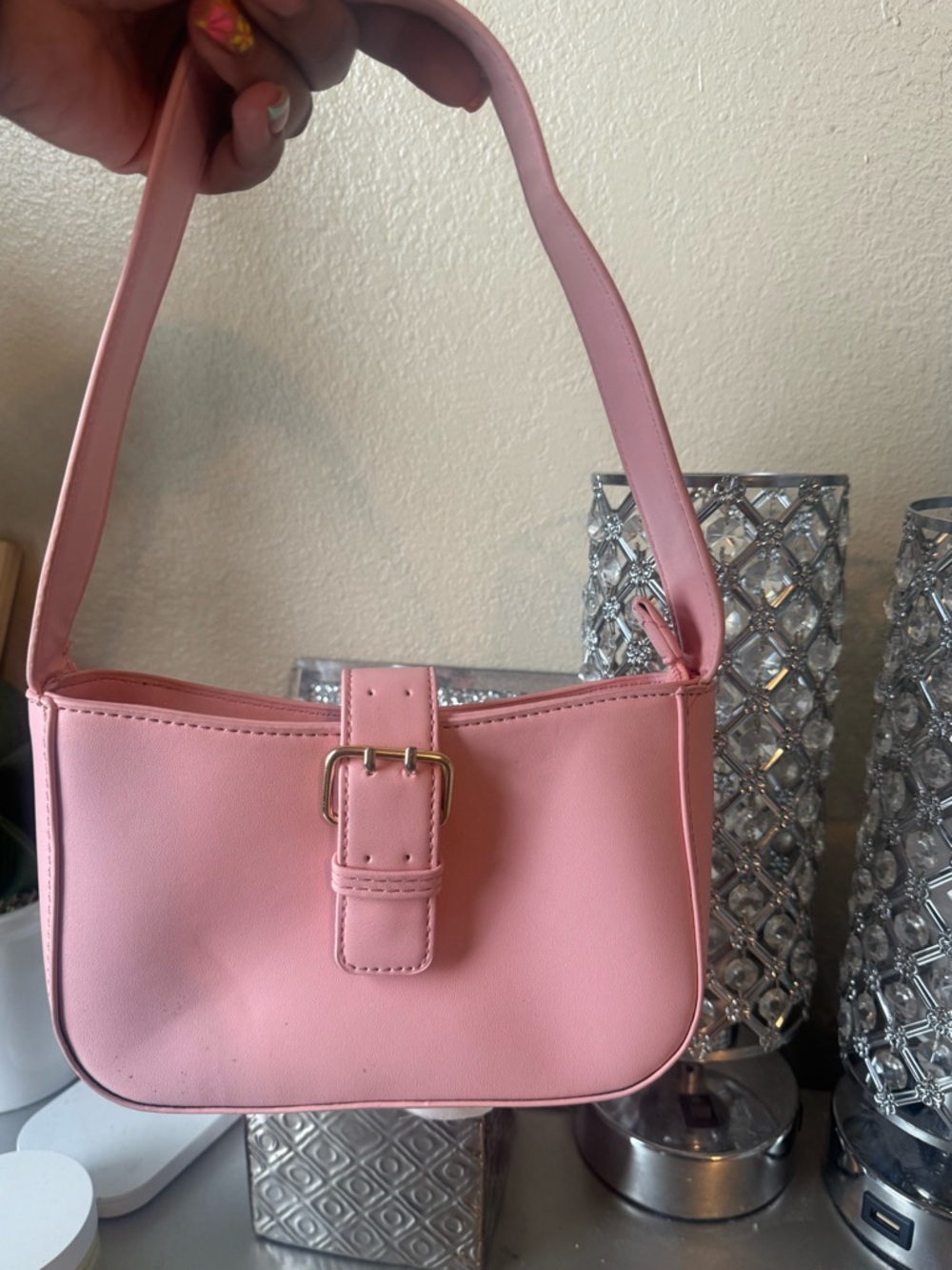 Classic Pink Shoulder Bag with Buckle Strap